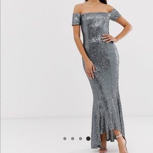 Club L london Bardot ruffle hem maxi dress. Sequin maxi dress.